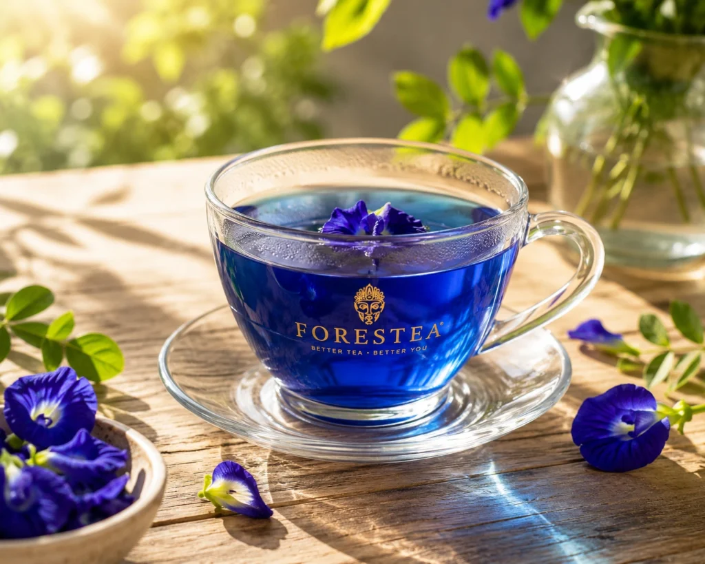 Premium butterfly pea herbal infusion presented in a natural lifestyle setting