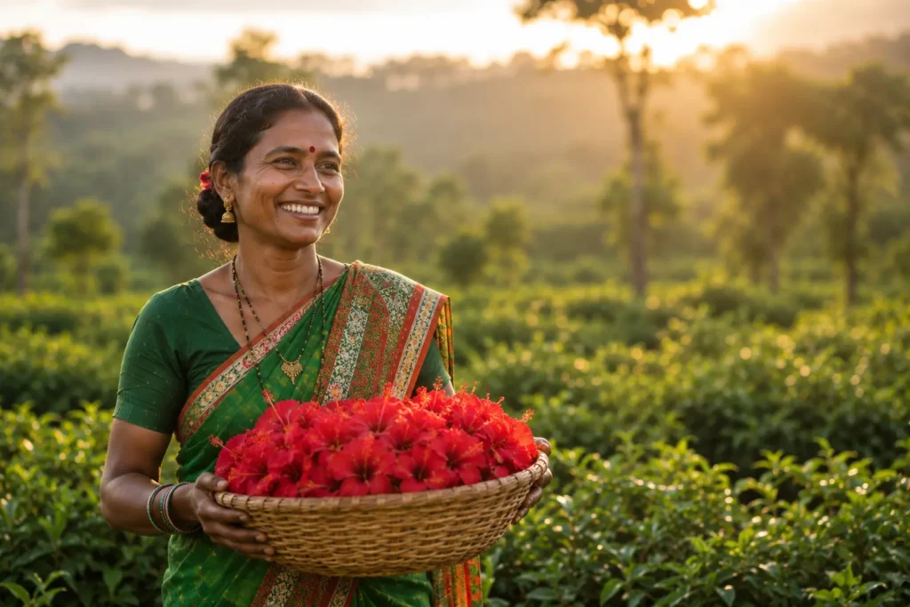 Hand harvesting hibiscus flowers grown without artificial chemical
