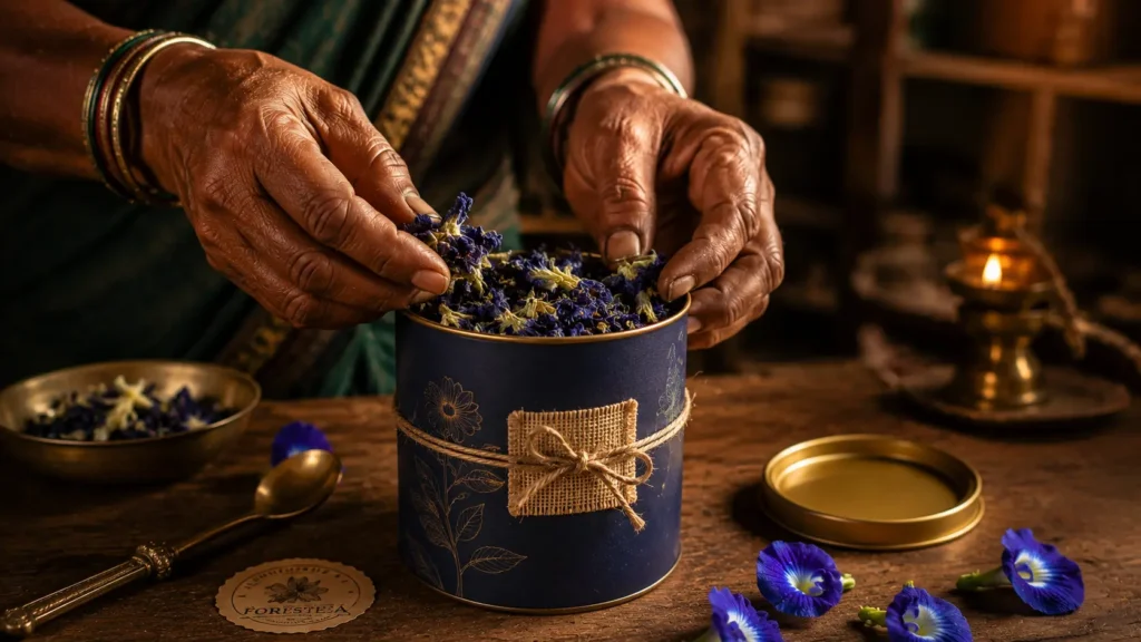 Traditional hand sorting of botanical flowers by tribal farming communities