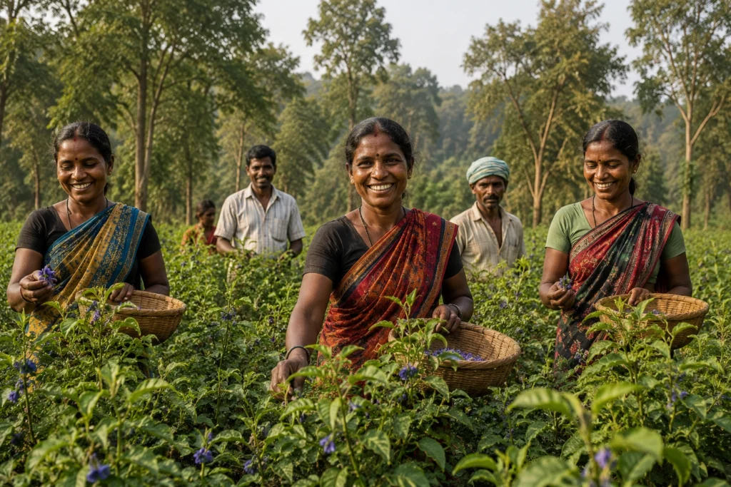 Tribal women harvesting butterfly pea flowers on FORESTEA partner farms in Chhattisgarh